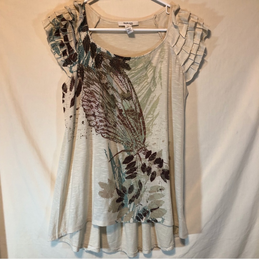 Style & Co. Cream ruffles short sleeve  brown/green patterned embellished top PL